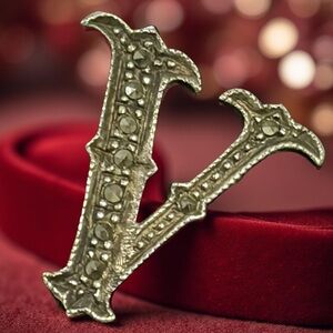 Vintage Gothic V Marcasite Brooch Pin 925 Sterling Silver Initial | NWOT